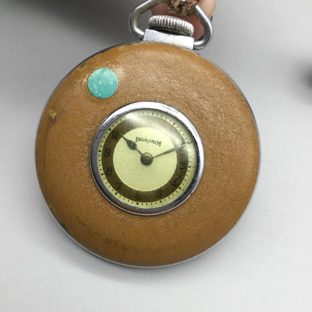 Vintage Ingraham The E Pocket Watch Leather 50mm Monogram AWB Manual Wind